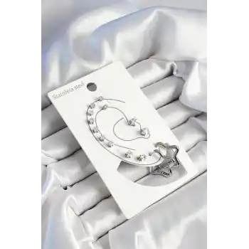 316L Çelik Yıldız Figürlü Ve Zirkon Taşlı Gümüş Renk 7li Çift Kadın Küpe Set