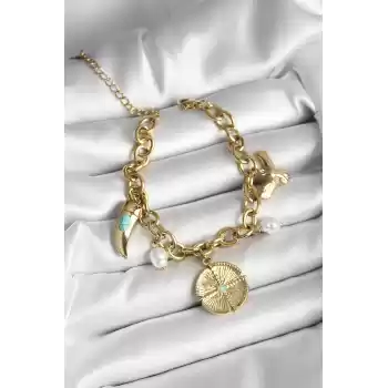 316L Çelik Yonca Fil Dişi ve Kuş Figürlü İnci Detaylı Sallantılı Gold Renk Kadın Bileklik