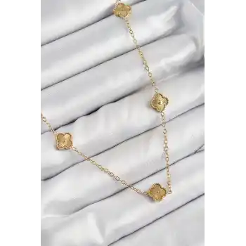 316L Çelik Yonca Model Gold Renk Kadın Kolye