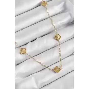 316L Çelik Yonca Model Gold Renk Kadın Kolye