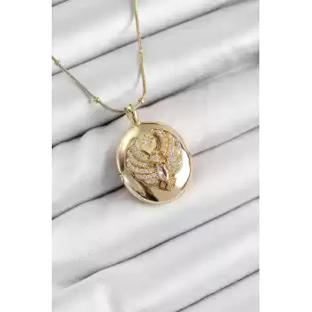 316L Çelik Zincir Açılabilir Anka Kuşu Model Zirkon Taşlı Gold Renk Kadın Kolye