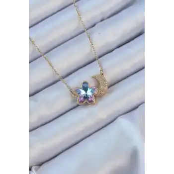316L Çelik Zincir Altın Renk Ay Tasarımlı Renkli Zirkon Taşlı Çiçek Kolye