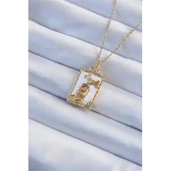 316L Çelik Zincir Altın Renk Beyaz Mineli Tarot Kolye