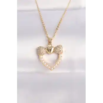 316L Çelik Zincir Altın Renk İnci Taş Detay Zirkon Taşlı Kalp Kolye