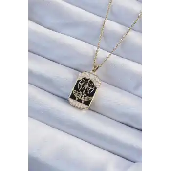 316L Çelik Zincir Altın Renk İşlemeli Siyah Mineli Tarot Kolye