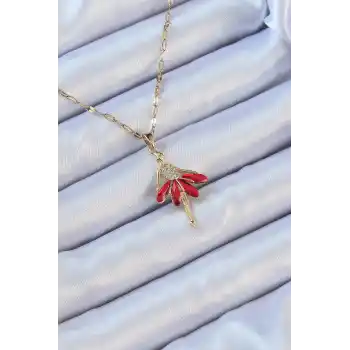 316L Çelik Zincir Altın Renk Kırmızı Etekli Zirkon Taşlı Balerin Kolye