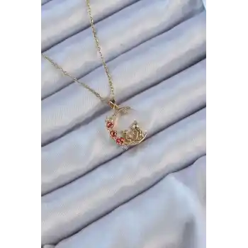 316L Çelik Zincir Altın Renk Kırmızı Gül Detay Kedi Figür Zirkon Taşlı Ay Kolye