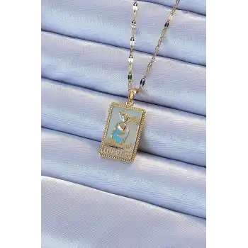 316L Çelik Zincir Altın Renk Mavi Mineli Tarot Kolye
