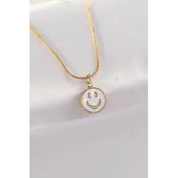 316L Çelik Zincir Altın Renk Mermer Desenli Minimal Smile Kolye