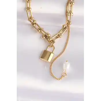 316L Çelik Zincir Altın Renk Zincirli Love Yazılı Kilit Kolye