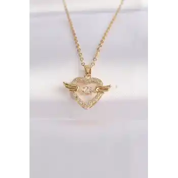 316L Çelik Zincir Altın Renk Zirkon Taşlı Kanatlı Kalp Kolye