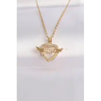316L Çelik Zincir Altın Renk Zirkon Taşlı Kanatlı Kalp Kolye
