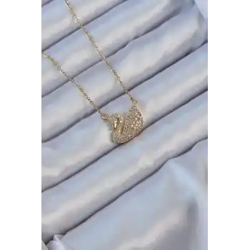 316L Çelik Zincir Altın Renk Zirkon Taşlı Kuğu Kolye