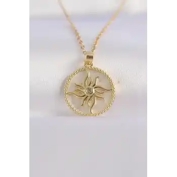 316L Çelik Zincir Altın Renk Zirkon Taşlı Oval Tasarım Güneş Kolye