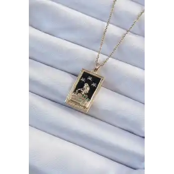 316L Çelik Zincir Altın Renk Zirkon Taşlı Siyah Mineli Kız Figürlü Tarot Kolye