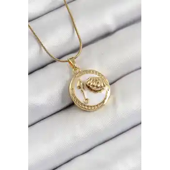 316L Çelik Zincir Beyaz Mineli Sanatsal Portre İstiridye Model Gold Renk Kadın Kolye