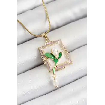 316L Çelik Zincir Beyaz Sanatsal Portre Sallantılı İnci Detaylı Lale Model Gold Renk Kadın Kolye