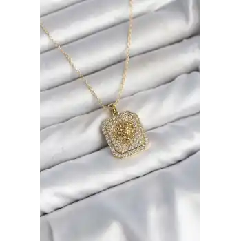 316L Çelik Zincir Gold Aslan Madalyon Model Zirkon Taşlı Kadın Kolye