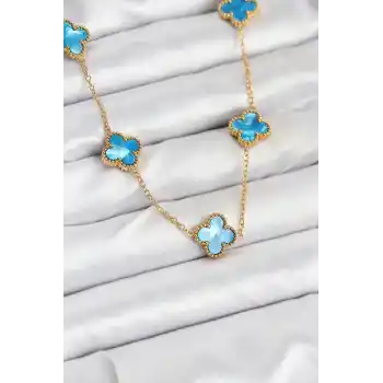 316L Çelik Zincir Gold Buz Mavisi Renk Yonca Kolye