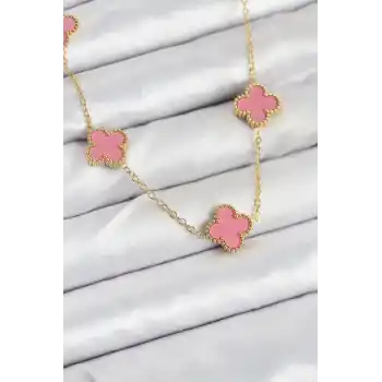 316L Çelik Zincir Gold Pembe Renk Yonca Kadın Kolye