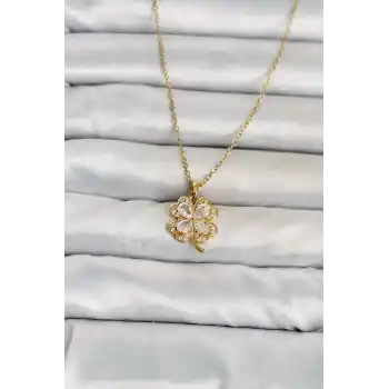 316L Çelik Zincir Gold Renk 4 Yapraklı Yonca Model Kadın Kolye