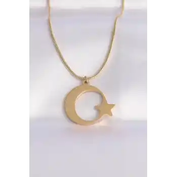 316L Çelik Zincir Gold Renk Ay Yıldız Unisex Kolye
