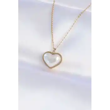 316L Çelik Zincir Gold Renk Beyaz Taşlı Bubble Kalp Kolye