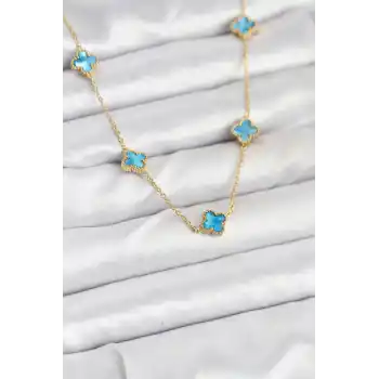 316L Çelik Zincir Gold Renk Buz Mavisi Baby Boy Yonca Kadın Kolye