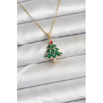 316L Çelik Zincir Gold Renk Çam Ağacı Model Yılbaşı Temalı Kadın Kolye