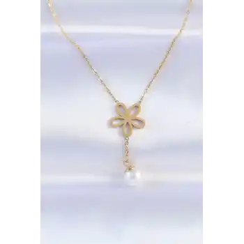316L Çelik Zincir Gold Renk İnci Detay Çiçek Kolye