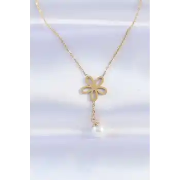 316L Çelik Zincir Gold Renk İnci Detay Çiçek Kolye