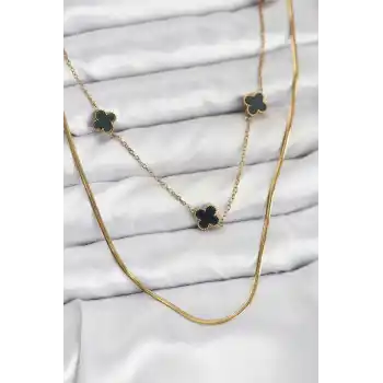 316L Çelik Zincir Gold Renk İtalyan Zincirli Siyah Yonca Model Kadın Kolye