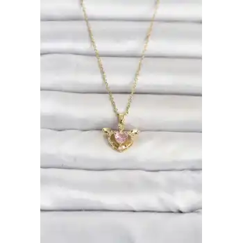 316L Çelik Zincir Gold Renk Kanatlı Kalp Model Kadın Kolye