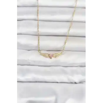 316L Çelik Zincir Gold Renk Kanatlı Pembe Kalp Model Kadın Kolye