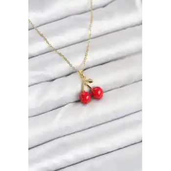 316L Çelik Zincir Gold Renk Kiraz Model Kadın Kolye