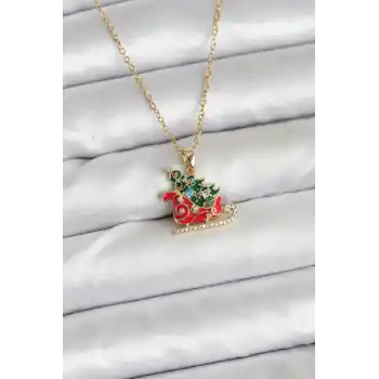 316L Çelik Zincir Gold Renk Kızak ve Çam Ağacı Figürlü Yılbaşı Temalı Kadın Kolye