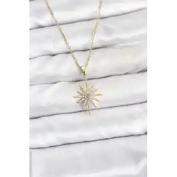 316L Çelik Zincir Gold Renk Kutup Yıldızı Model Zirkon Taşlı Kadın Kolye