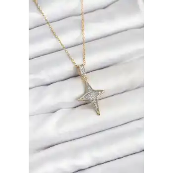 316L Çelik Zincir Gold Renk Kutup Yıldızı Model Zirkon Taşlı Kadın Kolye