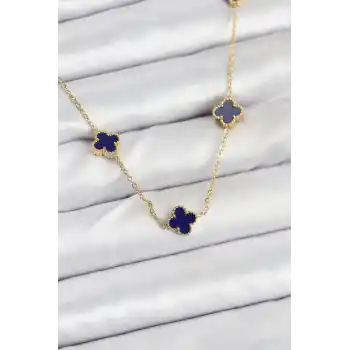 316L Çelik Zincir Gold Renk Lacivert Baby Boy Yonca Kadın Kolye