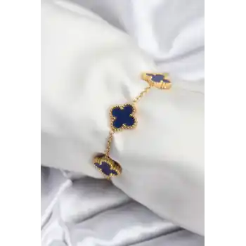 316L Çelik Zincir Gold Renk Lacivert Yonca Kadın Bileklik