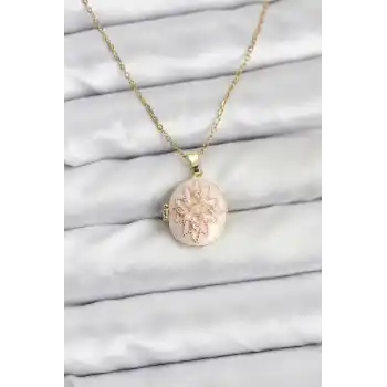 316L Çelik Zincir Gold Renk Mineli Lotus Model Açılabilir Kadın Kolye