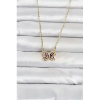 316L Çelik Zincir Gold Renk Mor Kelebek Model Kadın Kolye
