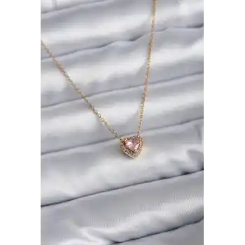 316L Çelik Zincir Gold Renk Pembe Zirkon Taşlı Charm Kadın Kolye