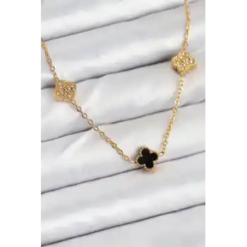 316L Çelik Zincir Gold Renk Siyah ve Zirkon Taşlı Baby Boy Yonca Kadın Kolye