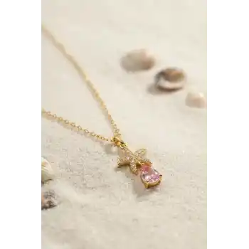 316L Çelik Zincir Gold Renk Yıldız Model Pembe Damla Taş Model Kolye