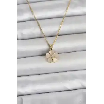 316L Çelik Zincir Gold Renk Yonca Model Kadın Kolye