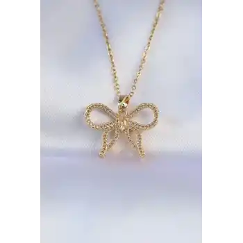 316L Çelik Zincir Gold Renk Zirkon Taşlı Fiyonk Kolye