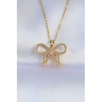 316L Çelik Zincir Gold Renk Zirkon Taşlı Fiyonk Kolye