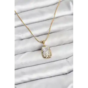 316L Çelik Zincir Gold Renk Zirkon Taşlı Kadın Kolye