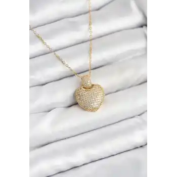 316L Çelik Zincir Gold Renk Zirkon Taşlı Kalpli Kadın Kolye